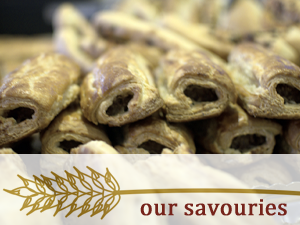 Our savouries including these sausage rolls are made with locally sourced and seasonal ingredients whenever possible